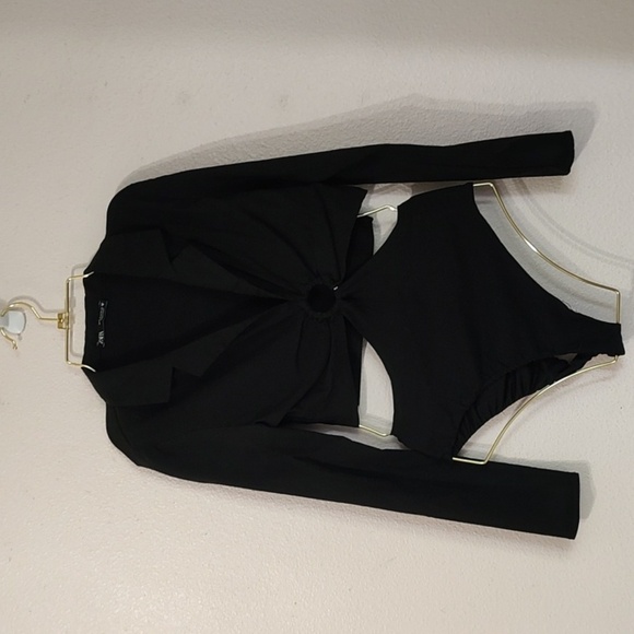 Zara Black Cut Out Long Sleeve Sliver Ring Bodysuit Size S - Picture 2 of 4